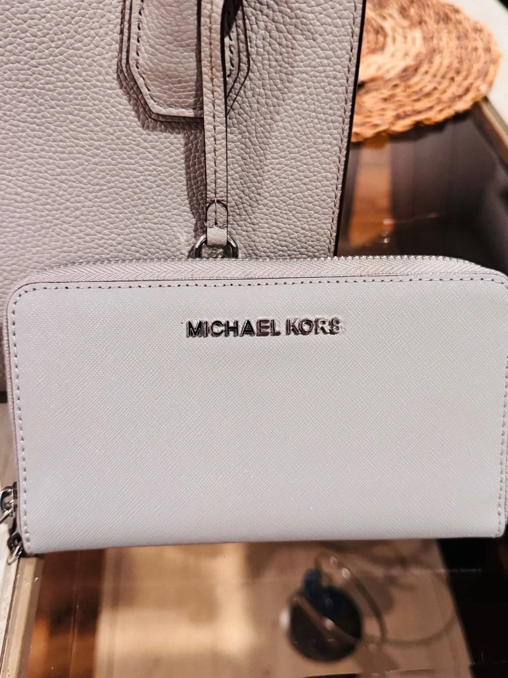 Michael Kors Light Gray Saffiano Zip Wallet